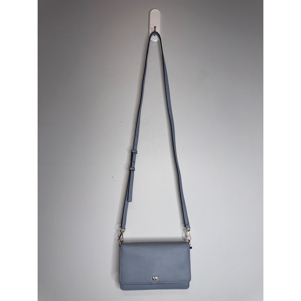 Michael Kors Jet Set Travel Crossbody Wallet Bag Pale Blue Pebbled Leather Gold - Picture 3 of 10